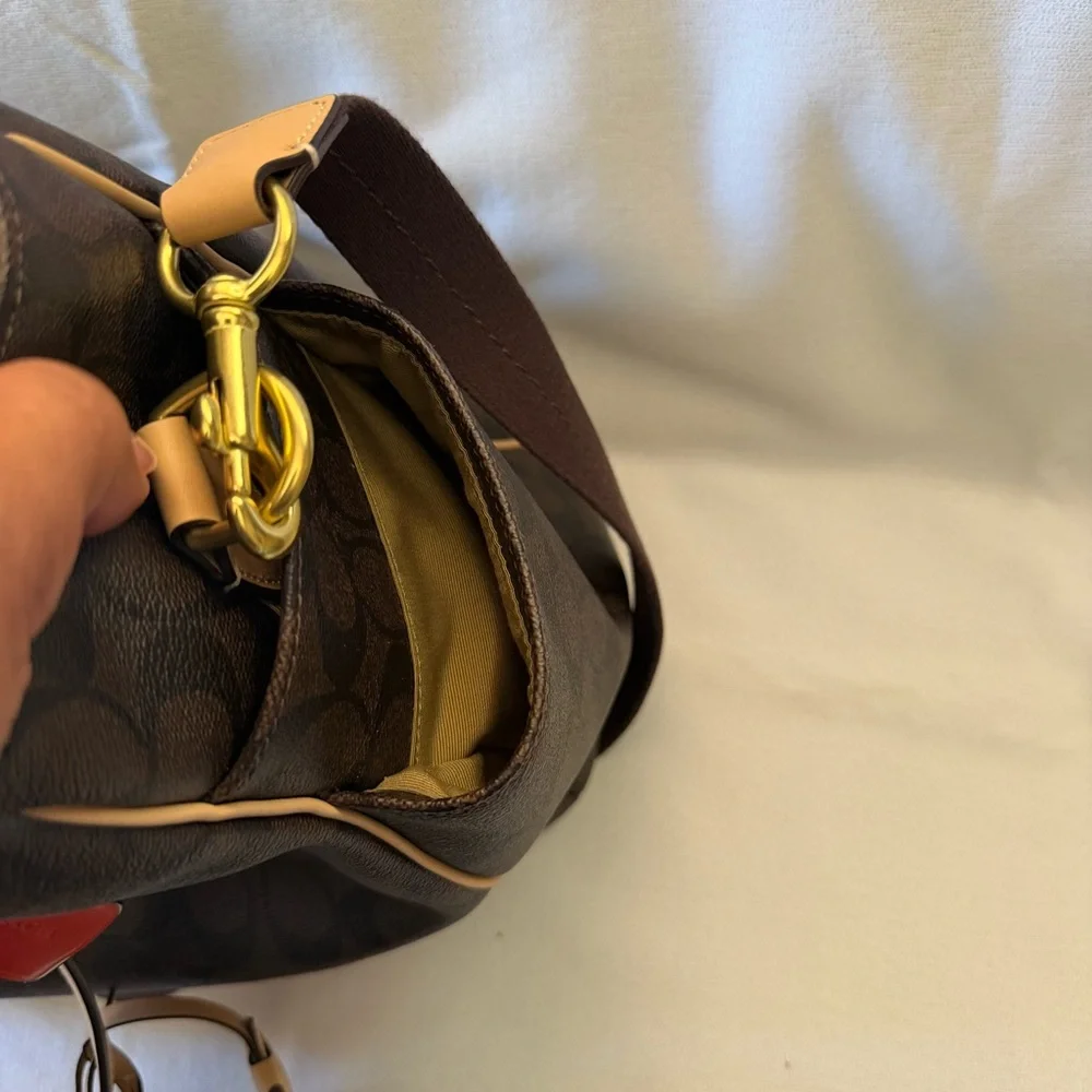 Coach Brown Signature Baby Bag with Tan Trim and Red Tag